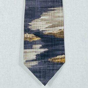 Pierre Cardin Wide Silk Abstract Tie Gray Navy Gold 4” x 59.5” Made in USA